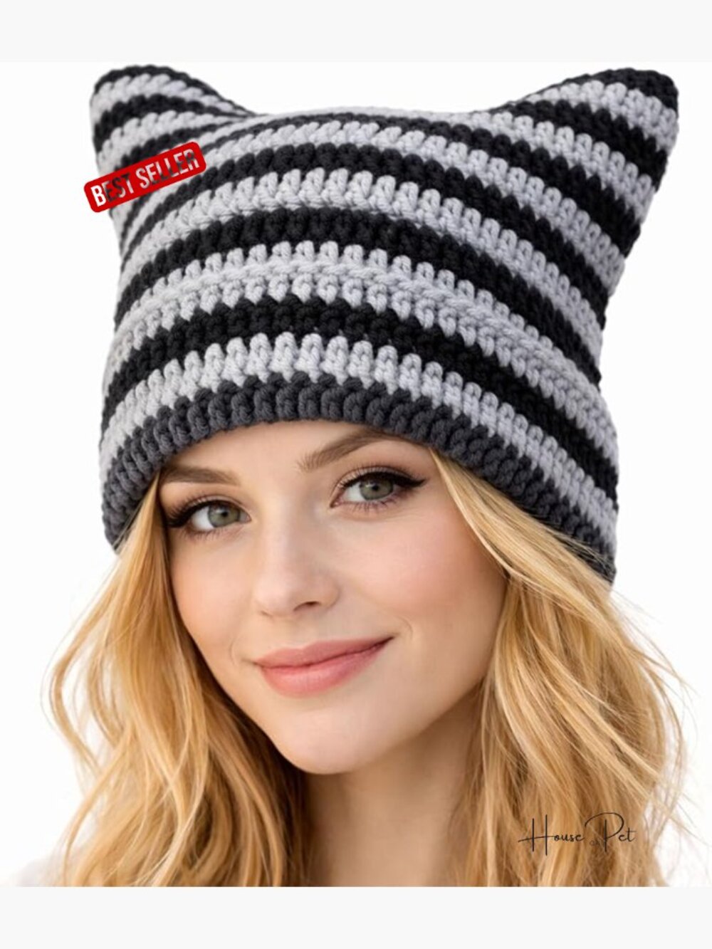 Crochet Knit Cat Ear Beanie Y2K Grunge Skull Cap Winter Hat